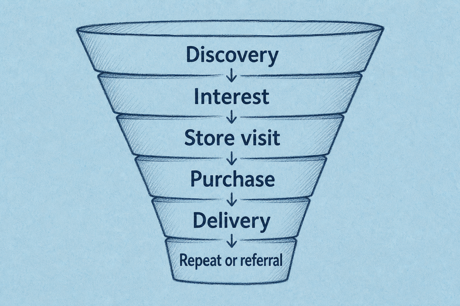 A hand-drawn sales funnel showing Discovery, Interest, Store visit, Purchase, Delivery, and Repeat or referral