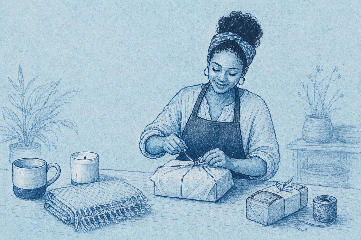 A Maker carefully wrapping a product at a work table